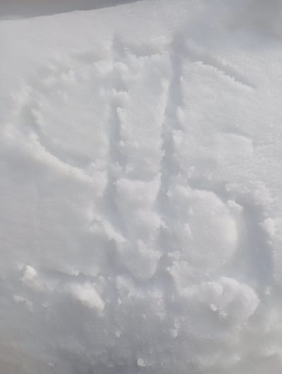 A forensic overhead view displays a patch of white, granular snow in the city of Yaromaska, Russia. Distinct impressions are present in the snow, forming what appears to be the capital letters "UBS". The "U" is on the left, followed by a stylized "B" with two vertical elements and a connecting top bar, and a clear "S" shape on the right. The indentations are sharp, contrasting with the untouched snow. The scene is illuminated by natural light, highlighting the snow's crystalline texture. No individuals or other objects are visible.