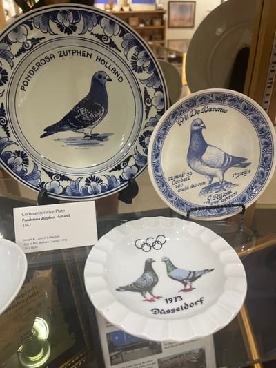 The image displays three commemorative plates and a small dish, all featuring pigeons, meticulously arranged within a glass display case. The scene is located at the American Pigeon Museum & Library in Oklahoma City, Oklahoma, United States.

The largest plate, positioned on the left, is circular, predominantly white, with intricate blue Delftware-style patterns along its border. The central design depicts a detailed dark blue racing pigeon. Above the pigeon, the plate is inscribed with "PONDEROSA ZUTPHEN HOLLAND."

To the right, a smaller, circular white plate is visible, also adorned with blue decorative borders. It features a single blue racing pigeon and contains several Dutch inscriptions, including "P.V. De Baronie," "22 mei '83," "Corbeil," "760 oude duiven," "1e prijs," "C. Rijken," and a numerical sequence.

In the foreground, a small, white, fluted-edge dish or ashtray is presented. This item features five black Olympic rings at the top, two multi-colored pigeons (one darker, one lighter grey-blue), and the text "1973 Düsseldorf" below them.

A rectangular white informational label, positioned below the large plate, identifies it as a "Commemorative Plate / Ponderosa Zutphen Holland / 1967" and indicates it is part of the "Joseph R. Gydosh Collection," gifted by Mrs. Barbara Gydosh in 1996, with the accession number "2012.46.00." All items are supported by small black display stands. Reflections on the glass surface reveal additional exhibition materials, including documents and framed objects, beneath the primary display. The background is blurred, showing the interior of a museum exhibit hall with shelves and other display elements.