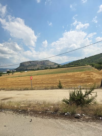 The image depicts a wide landscape scene under a bright blue sky dotted with white clouds. In the foreground, a dirt road transitions into a paved surface littered with dry grass and scattered debris, including plastic bottles and wrappers. A sparse, green shrub with dry, overgrown vegetation sits to the right of the dirt road.

Dominating the middle ground is a vast field of golden, harvested crops, arranged in neat, horizontal rows. A single, red circular sign with a white horizontal bar is mounted on a grey pole in the center of the field, indicating a prohibition. Beyond the field, a range of rolling green hills stretches into the distance, with trees and vegetation covering their slopes. In the far left background, industrial structures, including silos and buildings, are visible, suggesting the presence of a nearby facility. A prominent, flat-topped mountain range forms the horizon, its rocky surface textured and weathered. Overhead, a black power line stretches horizontally across the frame, supported by unseen poles. The overall scene is rural and appears to be located in a dry, agricultural area. The presence of the specific industrial structures and the distinctive flat-topped mountain range are strong indicators of the location being near Theopetra, Greece, specifically in the vicinity of the Meteora monasteries.