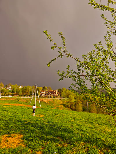 The image shows a person standing in a grassy field under a dark, overcast sky in what appears to be Ильинское, Russia. The person is facing away from the viewer and appears to be near the base of an electric power tower structure. In the background, there is a road, trees, and buildings situated on a rise. A tree branch with new leaves is visible in the right foreground, partially obscuring the background details. The field is green with patches of yellow flowers and some bare earth.