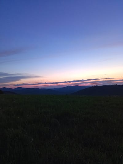 The image depicts a serene twilight landscape in Sadovyi, Russia. The foreground is dominated by a dark, grassy field, with the blades of grass rendered almost black due to the low light conditions. Beyond the field, a series of rolling hills are silhouetted against the horizon. The sky transitions from a deep, dusky blue at the top to lighter shades of purple and pink near the horizon, where thin bands of clouds are illuminated by the fading sunlight. The overall impression is one of quiet natural beauty at dusk.