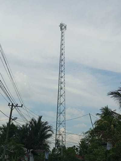 A tall, lattice-style communication tower dominates the center of the frame, reaching towards a cloudy, pale blue sky. The tower is slender and appears to be made of metal, with numerous crossbars and supports creating a geometric pattern. At the very top of the tower, several antennas and dish-like structures are visible.
In the foreground and to the left, a utility pole with multiple wires is present. The wires are numerous and appear somewhat haphazardly strung. Some are dark and thick, likely power lines, while others are thinner. A streetlamp is attached to the pole.
The base of the tower and the utility pole are partially obscured by lush green foliage, including palm trees with their characteristic fronds. Some rooftops of buildings are visible peeking through the trees, suggesting a residential or semi-urban environment. The overall impression is a somewhat cluttered, but functional, landscape in what could be a coastal or tropical region.
This scene is located in Pulorayeuk, Indonesia.