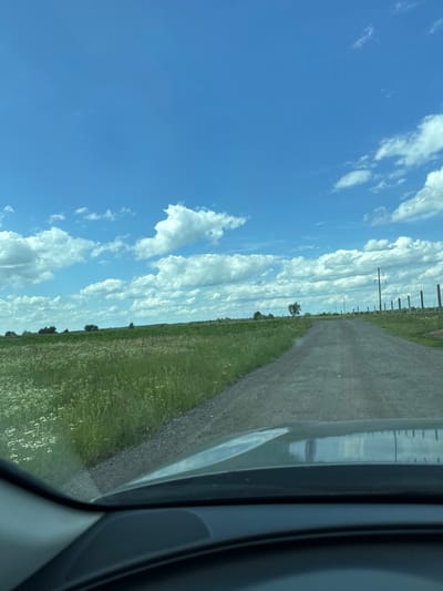 The image shows a view from inside a vehicle looking out at a dirt road stretching into the distance. To the left of the road is a field of green grass with some white wildflowers. To the right of the road, a fence runs along the edge. In the background, there are trees and utility poles under a bright blue sky with fluffy white clouds. The scene appears to be in a rural area.