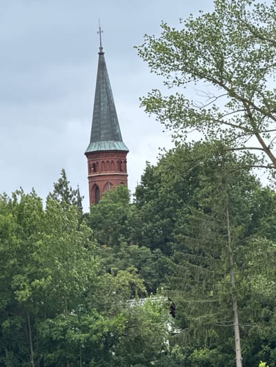 The image shows a church steeple emerging from a dense canopy of green trees. The steeple is constructed of red brick with a dark, possibly copper or slate, roof that tapers to a point topped with a finial and cross. The steeple has arched windows and decorative brickwork near its peak. Several trees of varying types and sizes dominate the foreground and surround the church, obscuring much of the building. The sky is overcast and a pale grey. The scene is located in Kołczewo, Poland. There are no people visible in the image.