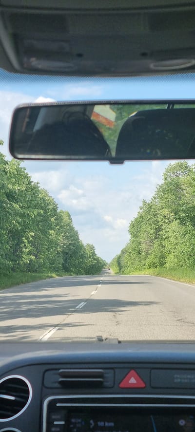 The image presents a view from inside a vehicle, looking out through the windshield onto a rural road. The perspective suggests a driver or front-seat passenger is taking the photograph.

Inside the car, a rearview mirror is prominently featured on the left, reflecting a distant object with distinct orange and white stripes, possibly a truck or a roadside marker, positioned behind the vehicle. To the right of the windshield, a section of the car's dark dashboard is visible, featuring a bright red triangular hazard light button with a white arrow symbol. Below it are two circular air vents, and further right, a portion of a car display or infotainment system is dimly seen.

Outside the car, an asphalt road stretches into the distance, lined on both sides by dense, vibrant green trees and bushes. The trees form a verdant canopy, creating a tunnel effect as they recede towards the horizon. White road markings, including both solid and dashed lines, are visible on the pavement. Long, sharp shadows of the trees fall diagonally across the road from the right, indicating bright sunshine and suggesting either a morning or late afternoon time of day. Above the distant tree line, a clear blue sky with scattered white clouds completes the scene. The setting appears to be a pleasant drive through a treelined road in a rural area, consistent with the specified location of Zamfir, Bulgaria. No people are visible.