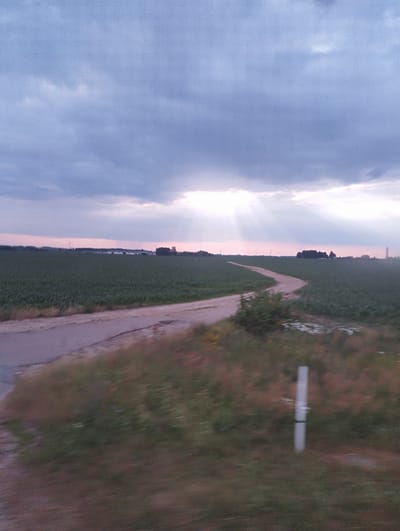 The image depicts a rural landscape under a cloudy sky with rays of sunlight breaking through. A dirt road curves through a vast green field, likely agricultural. In the distance, trees and some structures, possibly buildings and a water tower, are visible on the horizon. The foreground shows a blurred grassy area with some wildflowers. The overall impression is of a serene, open countryside. The scene is consistent with the rural environment of Бальшавіцкі сельскі Савет, Belarus, which is characterized by agricultural lands and scattered settlements.
