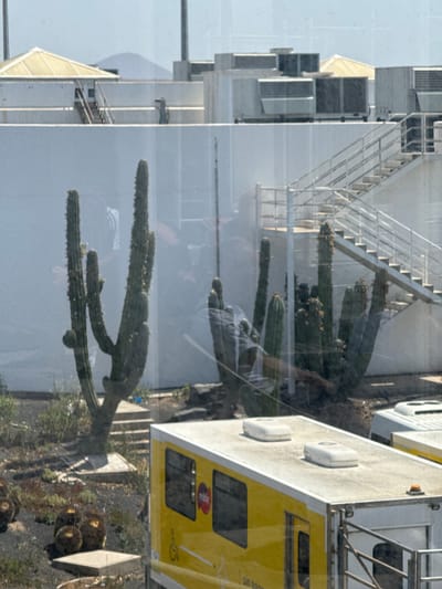 A vertical shot reveals a mix of architectural elements and natural features likely captured through glass. In the background, a multi-story building with visible staircases is present. Cacti of varying sizes are positioned in front of the building, suggesting a garden or landscape setting. A yellow tram or bus occupies the right side of the frame, indicating an urban transportation element. The reflections on the glass add a layer of complexity to the scene. Given the presence of cacti and the "San Bartolomé" context, this image might be from Lanzarote in the Canary Islands, Spain.