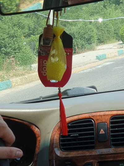 This is a close-up, interior shot taken from the driver's perspective inside a vehicle, looking forward through the windshield and at the dashboard. The car appears to be stationary on a roadway with a tree-lined embankment visible in the background.
Prominently featured is a car air freshener hanging from the rearview mirror. The air freshener consists of a small glass vial with a brown cap, containing a liquid, attached to a larger red backing. A yellow, mesh-like bag filled with yellow granules, likely beads or gel, is suspended below the backing, secured by a red string. A red tassel hangs from the bottom of the yellow bag. The red backing has text that is partially obscured but reads "drop control" and "fruits".
The dashboard is visible, with the right side of the steering wheel on the left of the frame. A person's hand with visible fingernails is resting on the dashboard near the steering wheel, with the index finger touching the surface. The dashboard has wood-grain trim around an instrument cluster and air vents. A hazard light button, marked with a red triangle inside a black square, is visible between two black horizontal air vents. The overall lighting suggests it is daytime, with some glare on the windshield.
The scene is consistent with being in Dubossary, Moldova, based on the visual cues and the provided context.