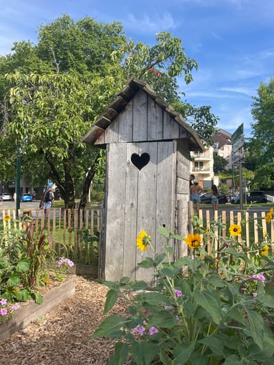 This is a street-level, eye-level shot taken outdoors in Évian-les-Bains, France, on a sunny day with a clear blue sky and scattered white clouds. The foreground is dominated by a garden bed filled with wood chips, featuring several sunflowers and smaller pink flowers. To the right, a rustic wooden outhouse with a heart-shaped cutout is visible, its weathered planks showing signs of age. A short, light-colored wooden fence separates the garden from a paved area.
In the mid-ground, behind the fence and outhouse, a man wearing a grey t-shirt and white shorts, with a backpack, walks away from the camera. Further back, a group of people are gathered near the outhouse, including a woman in a white top and denim shorts, and a young girl in a white top and denim skirt. A black car is parked behind them.
The background reveals a typical urban street scene. Trees with lush green foliage line the street, with their branches extending towards the outhouse. Beyond the trees, apartment buildings with balconies are visible, along with streetlights and road signs, one of which indicates "Parking". Cars are seen driving on the road in the distance. The overall impression is a quaint garden area situated on the edge of a town or city.