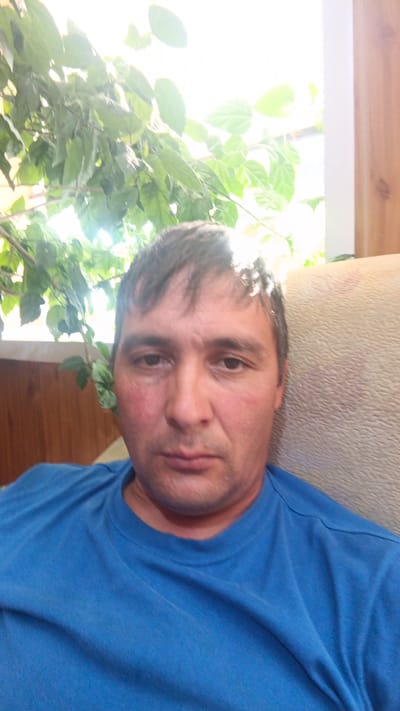 A medium shot captures a man in a blue t-shirt sitting in a tan armchair indoors, in Baymak, Russia. He is positioned in the center of the frame, facing forward. The man has dark, short hair, brown eyes, and fair skin. His face appears flushed. Behind him, a window is visible, letting in bright light. Lush green foliage hangs from a plant to the left of the frame, partially obscuring the background. To the right, a wooden paneled wall is visible. The armchair's textured surface is discernible on the right side of the image. The image is slightly overexposed, particularly in the background.