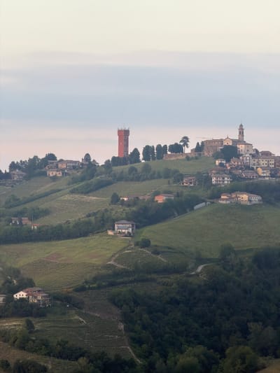 The image shows a landscape with a town on a hill in Castiglione Tinella, Italy. The scene includes buildings, trees, vineyards, and a tower. The sky is overcast, and the image is taken from an elevated perspective.