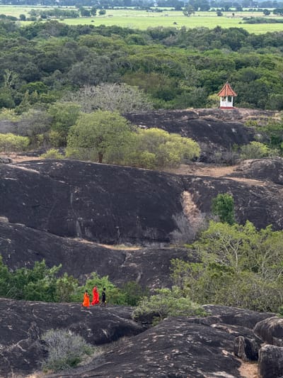 The image captures a dramatic landscape in Shastrawela, Sri Lanka, featuring a steep, dark rock face interspersed with lush green foliage. In the distance, a small, white structure with a red-tiled roof sits atop a rocky outcrop, seemingly a pagoda or a small shrine. The scene is dominated by the textured, dark grey rock, which appears weathered and ancient, contrasted by the vibrant green of the trees and vegetation clinging to the slopes and surrounding areas.

Closer to the foreground, two figures in bright orange robes are visible, possibly monks, making their way along a narrow ledge on the rock face. They appear to be ascending or descending the challenging terrain. Their presence adds a human element and a sense of scale to the imposing natural environment. A third, smaller figure, wearing dark clothing, is seen just above them.

The lighting suggests it is daytime, likely mid-morning or afternoon, with diffused light that doesn't cast harsh shadows, indicating possibly overcast conditions or a time of day when the sun is not directly overhead. The overall atmosphere is one of serene yet adventurous exploration, highlighting the beauty and grandeur of the Sri Lankan landscape. The natural environment, with its rock formations and dense greenery, hints at a remote and potentially sacred location. No visible text is present in the image.