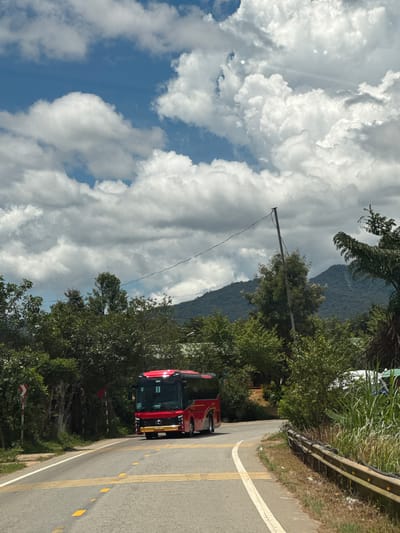 A red tour bus is driving on a road in Tu Póh, Vietnam. The bus is in the center of the frame, on the right side of the road. The road is asphalt and has yellow markings. The bus has a license plate that reads "98B-01569". There are trees and mountains in the background. The sky is blue with white clouds. There is a power pole with wires on the right side of the frame. The scene appears to be in a rural area.