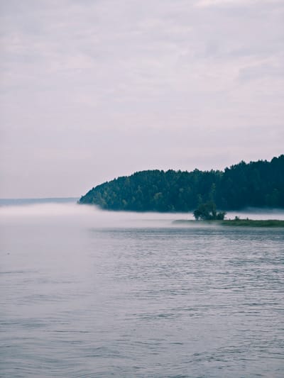 The image depicts a tranquil, natural landscape scene, likely early in the morning or late in the evening due to the mist and soft lighting. In the foreground, a body of water, possibly a river or lake, is visible. Its surface is relatively calm, with subtle ripples creating a textured pattern. A dense, dark green forest blankets a hillside that juts out into the water on the right side of the frame. The shoreline is partially obscured by a thick, white mist that hovers low over the water, creating a hazy and ethereal atmosphere. A few scattered trees stand on the edge of the land, breaking the uniformity of the treeline. The sky above is overcast with a pale, diffused light, contributing to the overall muted color palette of the scene. The location is identified as Атаманово, Russia. There are no people or discernible man-made structures in the image.