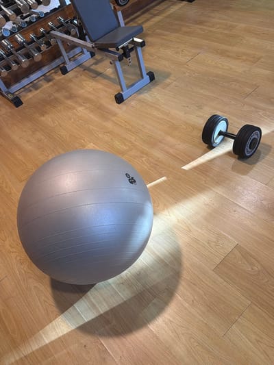 In an indoor gym setting, possibly located in La Gaspara, Spain, a silver exercise ball is positioned on a wooden floor. To the right of the ball, a black dumbbell rests on the floor. In the background, a weight rack filled with dumbbells and a weight bench are visible. The lighting in the scene creates a diagonal shadow across the floor from the exercise ball.