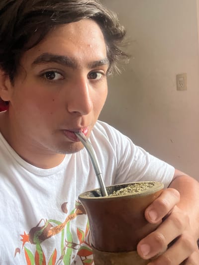 A person with dark hair and eyes, wearing a white t-shirt with a tree design, is drinking from a brown gourd-shaped container with a metal straw. The container is filled with green leafy material. The person is holding the container with their right hand. The background is a plain, light-colored wall with an electrical outlet. There is no indication of location in Gerli, Argentina.