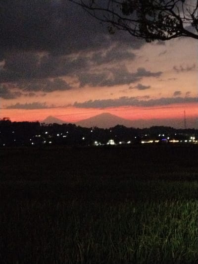 The image depicts a twilight scene with a dark silhouette of a tree in the upper right quadrant. The sky transitions from dark grey clouds at the top to a vibrant orange and pink gradient near the horizon, indicative of sunset or sunrise. In the middle ground, there is a dark silhouette of a landscape, possibly hills or mountains, with two distinct peaks visible. A line of lights, presumably from a town or settlement, is scattered across the silhouette. The foreground is occupied by a dark, out-of-focus field of grass. The overall atmosphere is serene and somewhat mystical, with the natural elements dominating the frame. The location is identified as Menjing, Indonesia.