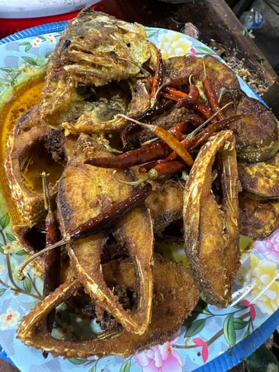 A floral plate overflows with golden-brown fried fish and eggplant slices. Crispy fish heads and body segments intermingle with circular eggplant pieces. Scattered among the food are long, dried red chili peppers. The dish appears to be a spicy and savory combination of seafood and vegetables. The lighting and composition suggest a casual, possibly homemade, meal.