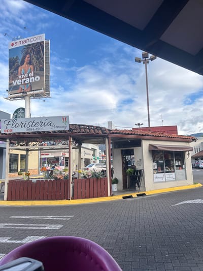 The image shows a street scene in Pozos, Costa Rica (latitude: 9.951, longitude: -84.194). A small, white, one-story building with a red tile roof is visible. It has a sign above the entrance that reads "Floristeria Armony 8694-1906." Flowers are displayed in front of the building. A large billboard with a woman in a bathing suit is visible in the background. The billboard advertises "vivi el verano". The sky is blue with some white clouds. The image is taken from the perspective of a person standing in the street looking at the building. There is a purple chair in the foreground.