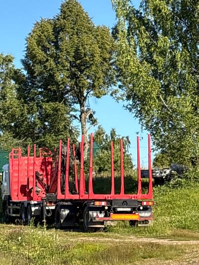 A logging truck, painted bright red, is parked on a dirt and grass area. The truck has a large, visible crane attached to its trailer, which is designed to carry logs. The trailer is equipped with vertical red stakes to secure the load. The cab of the truck is silver and white. In the background, lush green trees and foliage dominate the scene, with a clear blue sky visible above. A glimpse of a green roofed building can be seen to the left of the truck. The overall environment appears to be a rural or forested area in or near the city of Gulyaevka, Russia.