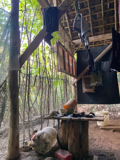 The image depicts an outdoor, rustic dwelling or shelter in Kresek, Indonesia. The structure appears to be constructed from wood and possibly corrugated roofing materials. Various items are suspended from the ceiling or walls, including dark-colored clothing, a birdcage, and a large black quilted fabric. A wooden table made from a log supports a bucket, a basket containing an orange container, and a dark strap. In the foreground, a large, light-colored plastic bottle lies on the ground, surrounded by rocks and debris. The background shows dense vegetation, characterized by thin tree trunks and foliage, suggesting a rural or semi-rural setting. The overall impression is one of a simple, utilitarian living space with elements of everyday life.
