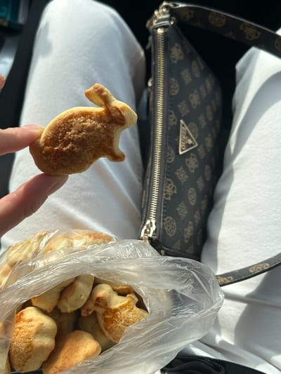 The image shows a hand holding a small, oddly shaped cookie with a textured surface, in front of a clear plastic bag filled with similar cookies. Behind the hand and bag is a patterned purse, presumably made of synthetic material, resting on a white garment. The context suggests the setting is likely indoors, possibly inside a vehicle. There is no confirmation the image was taken in Церово, Bulgaria.