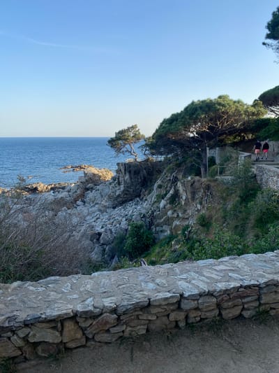 The image captures a scenic view of Calella De Palafrugell, Spain. The foreground showcases a stone wall bordering a walking path. Beyond the wall, the land drops to a rocky cliff face descending towards the sea. A few trees, some clinging precariously to the cliff, are visible. In the upper part of the image, two people can be seen standing in the distance. The calm, blue water of the sea extends towards the horizon, meeting a clear, pale blue sky.