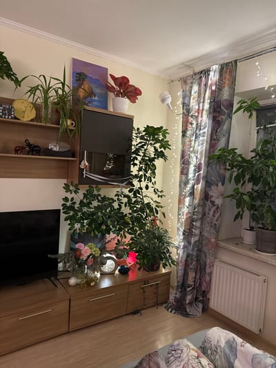 A cluttered interior features a bed partially visible on the right. A large wardrobe or shelving unit dominates the scene, adorned with plants, decorative items, and a framed painting. A black TV is visible on the lower part of the unit. String lights are draped along the curtain rod and elsewhere, adding a warm glow. The curtains are floral and abstract, and a radiator is visible near the ceiling.