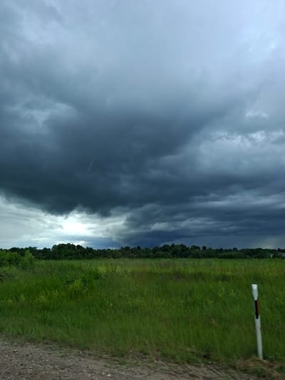 A wide shot captures a rural landscape under a stormy sky in Balbieriškis, Lithuania. The foreground consists of a gravelly roadside and a field of tall, green grass with some yellow wildflowers. A white road marker with an orange reflective stripe is visible on the right side of the field. In the background, a dense line of dark green trees forms a horizon, beyond which the sky is dominated by heavy, dark gray storm clouds. A bright patch of light breaks through the clouds in the upper middle portion of the image, indicating the presence of a storm cell. The overall atmosphere is one of impending rain and dramatic weather.