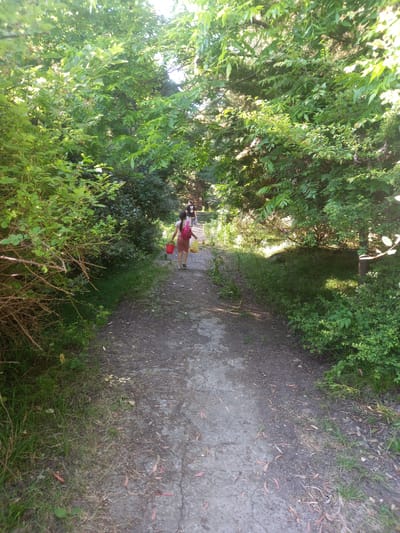 A person, likely a child, walks on a dirt path in a park-like setting. They are wearing a pink shirt, a reddish skirt, and a pink backpack. The person is carrying a red bucket in their left hand and a yellow bag in their right hand. Sunlight filters through the dense green foliage on either side of the path. The path is cracked and appears to be made of concrete or asphalt. In the distance, other figures can be seen walking further down the path, also surrounded by greenery. The overall environment suggests a warm, sunny day in a natural area. The location is specified as Gwandra, Abkhazia.