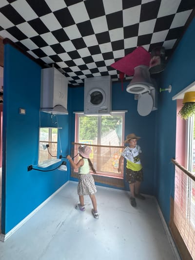 This image, captured in Kamchatka, Russia, depicts an indoor scene that appears to be a bathroom or laundry area with an unusual perspective, as the camera is oriented upside down. Two children are the primary subjects. On the left, a boy wearing a hat, a light-colored t-shirt with a graphic design, and patterned shorts stands near a washing machine. On the right, a girl with a pink hat, a light green top, and a patterned skirt is positioned near a window and appears to be interacting with a lamp.
The room features a distinctive black and white checkered floor. Appliances visible include a washing machine and what appears to be a separate laundry unit or cabinet. A toilet and sink are also present, along with a pink mat on the floor. The walls are painted a vibrant blue, with a section of pink above the blue. A window offers a view of lush green foliage and rooftops, suggesting an outdoor setting with trees and buildings, likely during daylight hours, as implied by the natural light. There is no visible text within the image. The overall impression is a playful or artistic installation due to the inverted orientation.