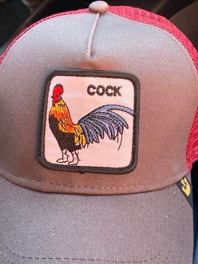 The image presents a close-up view of a baseball cap, likely captured indoors or in a confined space, as indicated by the blurred, dark background. The cap features a main body of grey, tightly woven fabric on the front panels, complemented by a red, textured material, possibly mesh or a patterned fabric, along the side or back, connected by red stitching.

A prominent square patch is embroidered onto the grey front panel. This patch has a light, off-white background and is framed by a dark, stitched border. The central motif of the patch is a vividly colored rooster (male chicken). The rooster is depicted in profile, facing left, with its head, comb, and wattle in bright red. Its body displays a gradient of warm hues, with yellow and orange feathers on its breast and neck transitioning to a darker, possibly black, body. The tail feathers are a striking array of blue and purple tones, fanned out behind it.

Vertically aligned, the word "COCK" is embroidered in dark capital letters along the left edge of the patch, positioned alongside the rooster's head. Another small, indistinct yellow tag or logo is partially visible on the cap's brim in the upper right background. The image focuses entirely on the cap and its embroidered details, without revealing any specific human subjects or activities. The detailed embroidery suggests a novelty or brand design. The location context provided is La Cruz del Pastel, Venezuela.