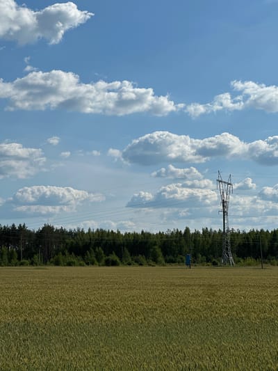 In the city of Parytsky Sel'sky Sovet, Belarus, a wide, green field of crops stretches towards a dense line of trees under a bright blue sky filled with scattered white clouds. A tall, metal electricity pylon stands in the middle right of the frame, with wires extending from it across the scene. A person in blue can be seen walking in the field, near the trees. The environment appears to be rural and agricultural.