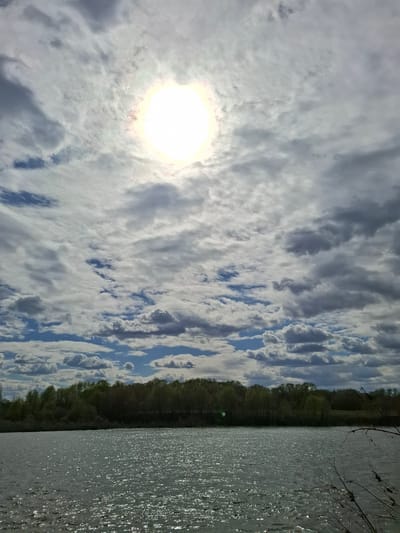 A daytime shot features a body of water with a shoreline lined with trees, beneath a sky dominated by clouds and the sun. The bright sun is visible through the clouds, casting a glare. The water has a glistening surface, indicating sunlight reflecting off it. The trees form a dense barrier along the shoreline. No people or other objects are immediately discernable in the picture. The location is Дерезовка, Russia.