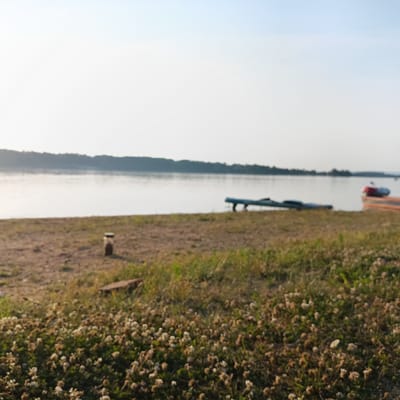 The image depicts a serene, out-of-focus scene at the edge of a body of water, likely a lake or a wide river, with a tree-lined horizon in the distance. In the foreground, a patch of short green grass is interspersed with clusters of small white flowers, suggesting a natural, unmanicured environment. A sandy or gravelly shore extends from the grass towards the water. On this shore, a small, dark-lidded glass container is visible, standing upright. Further along the shore, several objects are partially submerged in or resting on the water's edge. One is a long, narrow, light-blue object, possibly a kayak or paddleboard, lying horizontally. To its right, another object, seemingly a boat with orange and white sections, is visible. The sky is a pale, hazy blue, indicating either early morning or late afternoon light. The overall impression is one of tranquility and natural beauty. While the image does not explicitly show any elements that would pinpoint its location within Jesenice, Czechia, the presence of a water body, shoreline, and surrounding vegetation aligns with the general landscape characteristics found in such an area.