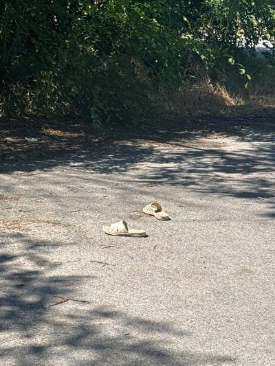 Two light-colored sandals are visible on an asphalt surface. One sandal is positioned on the left side of the image, and the other is further to the right. The surface is textured and appears to be a pathway or road. Behind the asphalt, a dense green bush line is present, with dry grass and debris visible at the edge of the foliage. Sunlight casts dappled shadows across the asphalt, indicating an outdoor environment during the day. No people or actions are depicted. The location is identified as Verkhneyanchenkov, Russia.