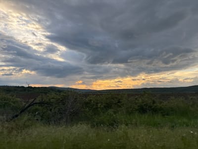 The image depicts a rural scene in Baylovo, Bulgaria, under a dramatic, partially cloudy sky. The foreground features a field of green vegetation, transitioning to a line of bushes and a plowed field in the middle ground. Beyond the field, a line of low hills or mountains is visible against the horizon. The sky is predominantly filled with grey and white clouds, with some areas showing a golden glow, suggesting a sunrise or sunset. A leafless branch of a tree is visible on the left side of the field. There are no people visible in the image.