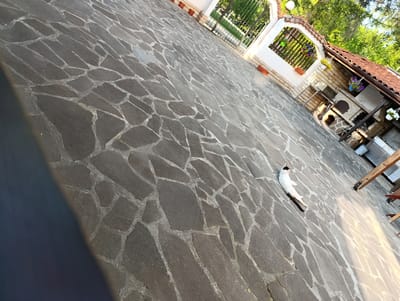 The image shows a black and white cat lying on a stone patio. The cat is in the lower right quadrant of the image and is oriented diagonally. The patio is made of irregularly shaped gray stones with lighter colored grout. In the background, there is a building with a red tile roof, an outdoor oven, and some potted flowers. A metal gate and green foliage are also visible, suggesting an outdoor setting, possibly a courtyard or garden. The lighting indicates it is daytime, with sunlight casting distinct shadows across the patio. The overall impression is one of a peaceful, sunny day in a residential or recreational area. The location is identified as Hadzhidimovo, Bulgaria.