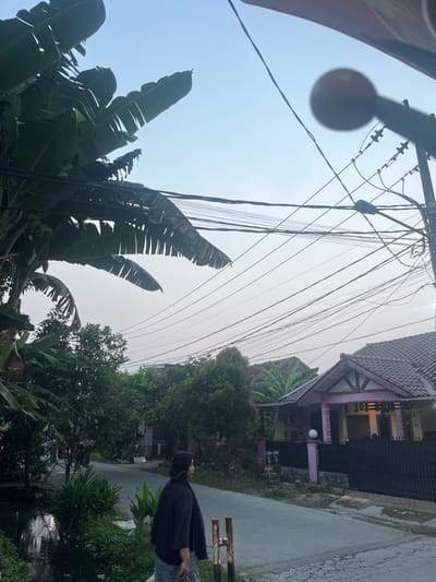 The image depicts a residential street in Serdang Kulon, Indonesia, during what appears to be late afternoon or early evening given the soft, diffused light. In the foreground on the right, a portion of a white object, possibly a part of a vehicle or fixture, is visible. A woman, wearing a dark hijab and a dark top over a patterned skirt, walks away from the camera along the right side of the paved road. Her stance suggests she is moving casually.
The street is lined with houses and lush vegetation. On the left, large banana leaves from a tree overhang the scene, with some bananas visible on a stalk. Beyond the woman, several houses with tiled roofs are visible. One house in the middle ground has a pink facade and a black metal fence. Another house further back has a darker roof. Trees and other green foliage are interspersed between the houses and along the street, creating a suburban or semi-rural atmosphere.
A complex network of electrical wires crisscrosses the sky, supported by utility poles, one of which is prominent on the right side of the frame. The sky is a pale blue, transitioning to a lighter hue towards the horizon, indicating either dawn or dusk. A small, dark body of water, possibly a drainage ditch or canal, runs alongside the road on the left, bordered by dense green plants. The overall impression is a quiet, everyday scene in a residential area characterized by tropical vegetation and common urban infrastructure.