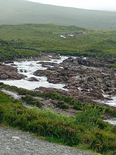 The image depicts a natural landscape on the Isle of Skye, United Kingdom, likely the Fairy Pools. A rough, rocky riverbed dominates the midground, with white, turbulent water flowing rapidly over and around numerous brown and grey rocks of varying sizes. The water appears shallow in many areas, creating small cascades and rapids. The river winds through a lush green environment. The foreground shows a gravelly path and dense, low-lying green vegetation with hints of purple heather or small flowers. The background features rolling green hills fading into a misty, overcast sky. The scene is devoid of any people or man-made structures beyond the implied path.