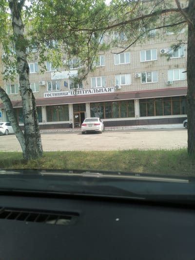 This is an eye-level outdoor shot, taken from inside a vehicle, of a three-story brick building that houses the "Centralnaya" hotel in Lesozavodsk, Russia. The building features numerous windows and air conditioning units. In front of the hotel, a white sedan is parked, and a white hatchback is parked to the left. Trees are visible in the foreground, obscuring parts of the building. The sky is overcast.