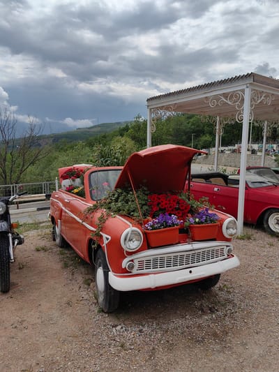 The image shows a red convertible car, repurposed as a planter, parked on a gravel surface. The car's hood is open, revealing flower boxes filled with red and purple flowers. Green plants and vines are draped over the car. To the left of the car, a motorcycle is partially visible. In the background, there's a pergola-like structure and another red car. The background also features hills, trees, and a cloudy sky. The scene is located in Luchistoe, Ukraine.