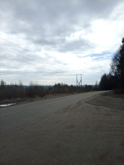 The image depicts a rural road in what appears to be the vicinity of Chulman, Russia. The overcast sky dominates the view, with grey clouds and a small patch of blue visible towards the horizon. Power lines stretch across the upper portion of the image, supported by wooden poles. The road, made of asphalt, curves gently into the distance. Patches of vegetation border the road, transitioning from dry grass and shrubs to a denser stand of trees on the right side of the frame. A small puddle is visible near the roadside on the left. The road surface is cracked in places, and the shoulder on the right side of the road is gravel.