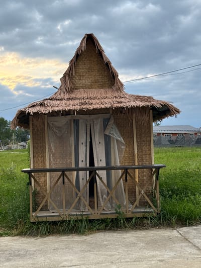 The image shows a small, rustic hut with a thatched roof and woven bamboo walls. It has a small wooden porch with a railing made of crisscrossed wooden planks. Transparent plastic sheeting is draped over the entrance, partially obscuring the interior. The hut is situated in a grassy field, with lush green vegetation surrounding it. In the background, there is a road or pathway, and further in the distance, a building with a tiled roof and a row of triangular structures can be seen. The sky above is overcast with clouds. There are no people or animals visible in the image. The scene appears to be in Petrovo, Russia, based on the provided context.
