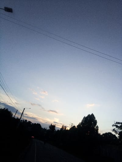 The image depicts a rural or semi-rural road scene in Nachu ward, Kenya, captured during dusk or dawn. The sky, occupying the upper two-thirds of the frame, transitions from a deep blue at the top to a lighter, pale orange-blue hue near the horizon, with sparse, wispy clouds visible. Several utility poles with multiple overhead power lines are present, extending from the left and center into the sky. A street light fixture is mounted on a pole on the left.
The lower third of the image shows a paved road, marked with a white centerline, curving slightly to the left. Dense, silhouetted tree and bush foliage lines both sides of the road, obscuring the horizon in places. In the distance on the road, a vehicle is visible with illuminated red tail lights. Further down the road, to the right of the vehicle, a dark, indistinct figure, possibly a person walking or cycling, is discernible. No distinct interactions are observable. The environment appears quiet and sparsely populated, characterized by natural vegetation and basic utility infrastructure.