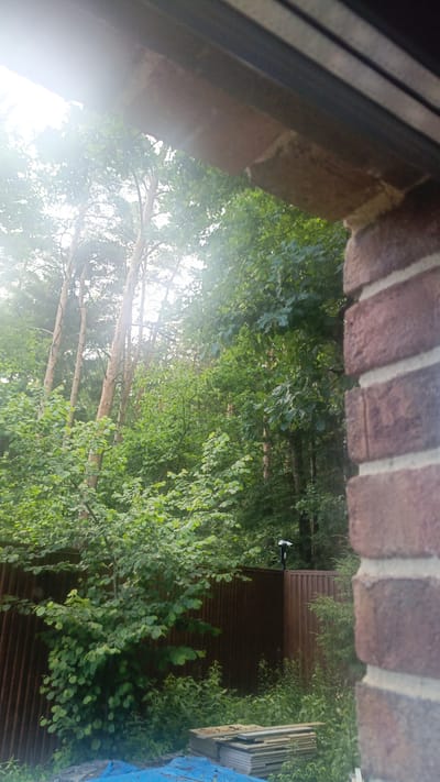 The image shows a view of a green forest with trees and foliage. In the foreground, on the right side, is a brick wall, suggesting it is a close-up or from a building. There is a wooden fence in the background, behind which more trees and greenery are visible. On top of the fence, a security camera is mounted. In the lower part of the image, a stack of wooden planks and a blue tarp are present, indicating some construction or storage activity. The overall scene is outdoors, in a natural setting potentially adjacent to a residential or developed area, given the presence of the fence, camera, and building materials. The location is identified as Nikolino, Russia.