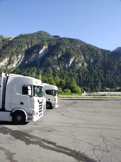 Two white Scania semi-trailer trucks are parked in a large, cracked asphalt lot. The truck in the foreground is positioned on the left side of the frame, facing towards the right. Its front is visible from the side, showing the cab, wheels, and part of the trailer. The second truck is parked behind and to the right of the first, also facing right. Its front is visible from a more direct side view.

Behind the trucks, a treed mountain slope rises steeply under a clear blue sky. The mountain is covered in a dense forest of dark green coniferous trees, with some lighter rocky outcrops visible on its face. The base of the mountain is lined with more trees and some low-lying vegetation. In the mid-ground, a row of structures with arched roofs, possibly greenhouses, are visible behind a fence. A lamppost stands near these structures. The scene appears to be in a mountainous region, consistent with the location of Schnann, Austria, which is known for its alpine scenery. The lighting suggests it is daytime, likely morning or afternoon, with the sun casting shadows on the asphalt.