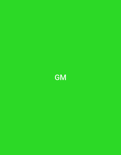 The image displays a solid green background with the capital letters "GM" rendered in white text, centrally positioned. There are no discernible people, subjects, other objects, actions, interactions, or detailed environmental features visible within the image beyond the text and color. The scene is situated in Buka, Uzbekistan.