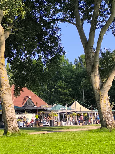 This image depicts a lively outdoor seating area of a restaurant or cafe, likely located in Broek op Langedijk, Netherlands, given the presence of lush greenery and a calm, summery atmosphere. The foreground features a well-maintained green lawn dotted with small white flowers, suggesting a park or garden setting. Two large trees with textured, light-colored bark frame the scene from the left and right, their branches reaching upwards towards a clear blue sky.
In the middle ground, a red-tiled roof building, possibly the main structure of the establishment, is visible. Adjacent to it, an outdoor seating area is set up with numerous tables covered by umbrellas, some green and some white, providing shade. Several patrons are seated at these tables, engaged in conversations or enjoying their meals. A man in a lime green t-shirt stands near a table, seemingly interacting with the patrons or attending to the restaurant's operations.
Further back, more structures with white awnings are visible, indicating a larger dining or event space. People are seen walking around and mingling in this area. The background is filled with dense green trees, suggesting the location is surrounded by nature. The overall ambiance is relaxed and social, characteristic of a summer day at a popular outdoor venue.