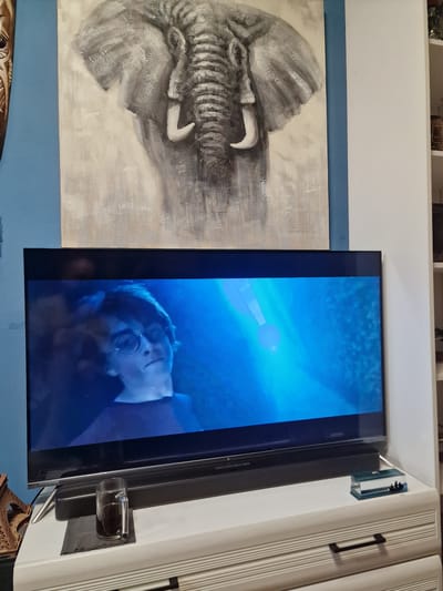 The image shows a living room scene. A large, monochrome painting of an elephant's head is displayed on a blue wall. Below the painting, a flat-screen television is on, displaying a scene from a movie featuring a young boy with glasses. The television is placed on a white dresser, which also holds a glass mug filled with a dark liquid, a dark coaster, and a small, clear rectangular object containing a silhouette of ships. To the left of the dresser, a portion of a brown, carved wooden mask and a model of the Eiffel Tower are visible. To the right, a white shelf unit is partially visible with some items on its shelves. The image does not contain information about the city of Pogranichny, Russia.